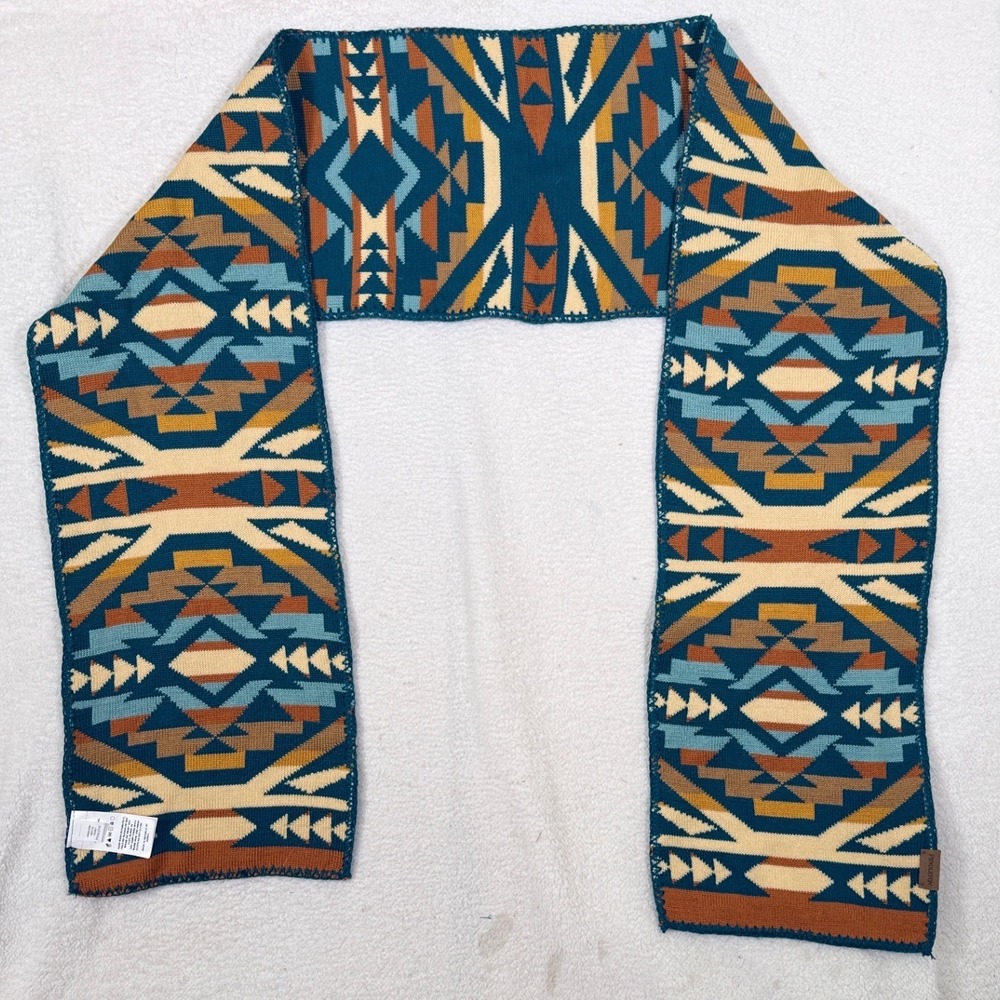 Pendleton 100% Merino Wool Scarf Southwestern Tribal Geometric Teal Blue 72x9